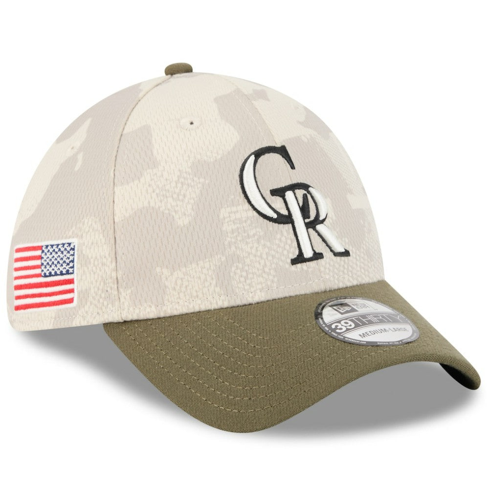 Colorado Rockies New Era 2025 Armed Forces Day 39THIRTY Flex Hat - Light Beige/Olive Hats