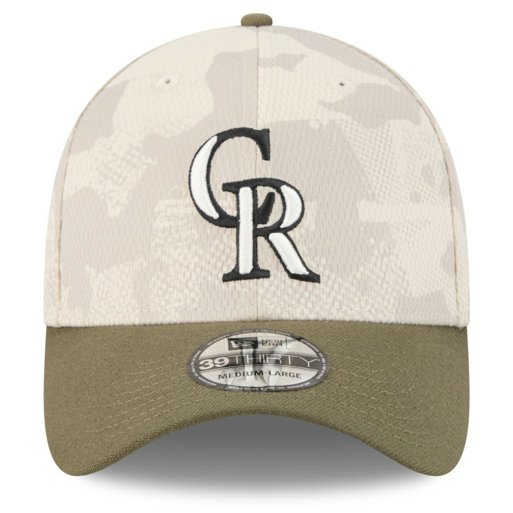 Colorado Rockies New Era 2025 Armed Forces Day 39THIRTY Flex Hat - Light Beige/Olive Hats