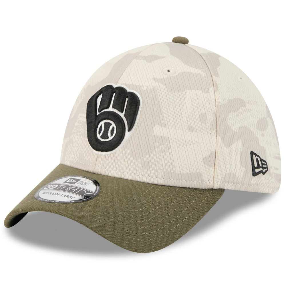 Milwaukee Brewers New Era 2025 Armed Forces Day 39THIRTY Flex Hat - Light Beige/Olive Hats