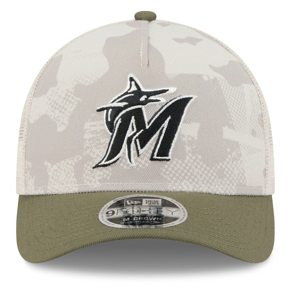 Miami Marlins New Era 2025 Armed Forces Day 9FORTY M-Crown A-Frame Adjustable Hat - Light Beige/Olive Hats