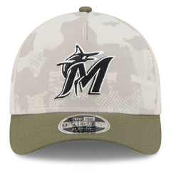 Miami Marlins New Era 2025 Armed Forces Day 9FORTY M-Crown A-Frame Adjustable Hat - Light Beige/Olive Hats