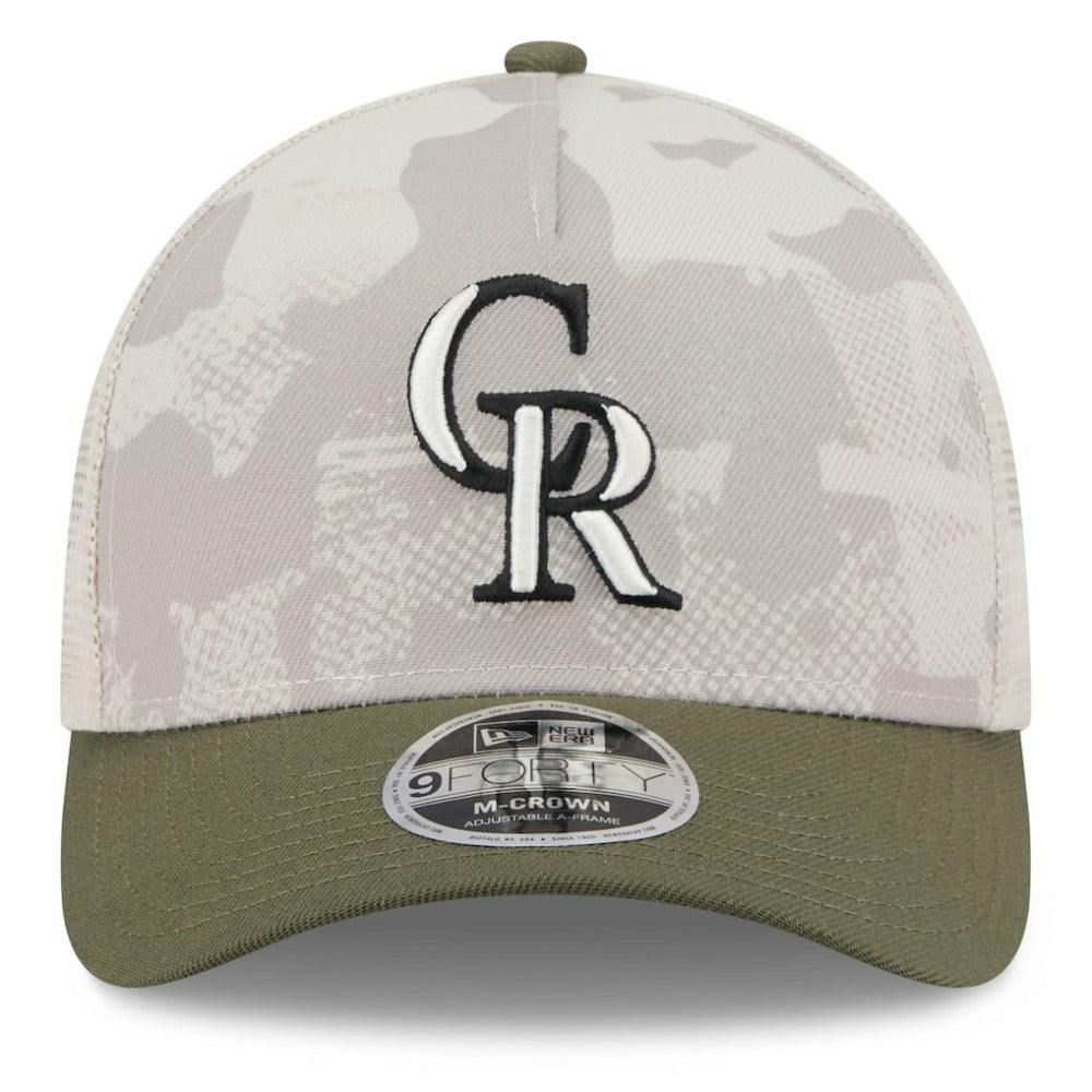 Colorado Rockies New Era 2025 Armed Forces Day 9FORTY M-Crown A-Frame Adjustable Hat - Light Beige/Olive Hats