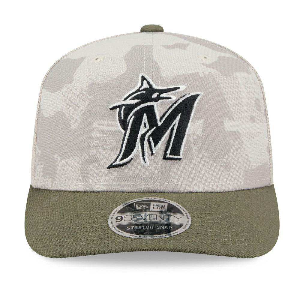 Miami Marlins New Era 2025 Armed Forces Day 9SEVENTY Stretch-Snap Hat - Light Beige/Olive Hats