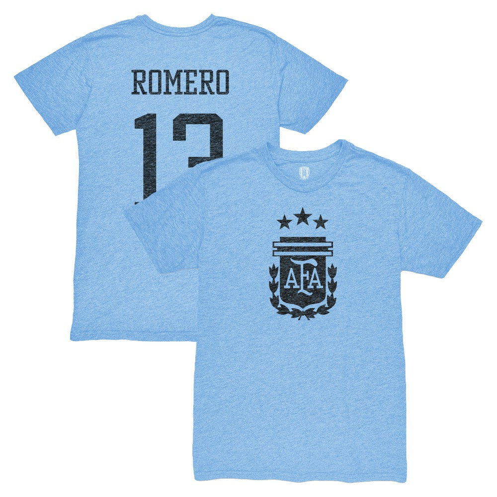 Cristian Romero Argentina National Team 1863FC Player Vintage Tri-Blend T-Shirt Light Blue