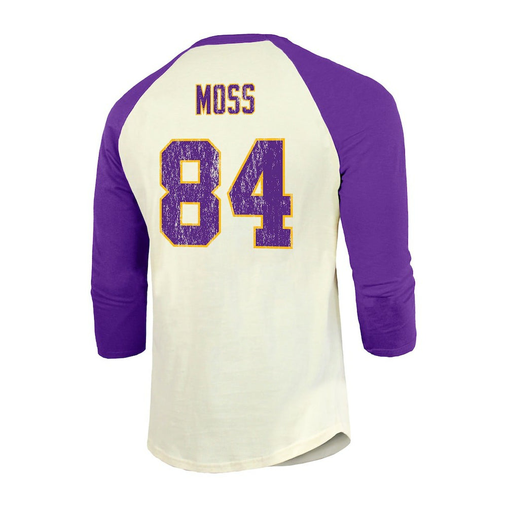 Randy Moss Minnesota Vikings Majestic Threads Retired Player Name & Number 3/4 Raglan Sleeve T-Shirt  - Cream/Purple T-shirts