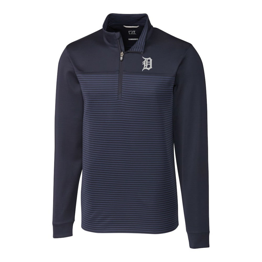 Detroit Tigers Cutter & Buck Big & Tall Traverse Stripe Stretch DryTec Quarter-Zip Top - Navy Tops