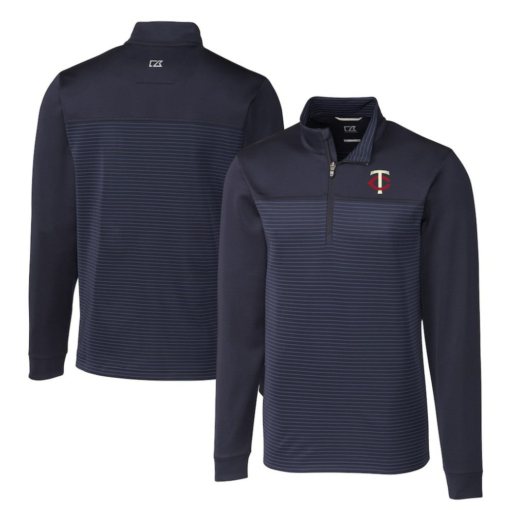 Minnesota Twins Cutter & Buck Big & Tall Traverse Stripe Stretch DryTec Quarter-Zip Top - Navy Tops