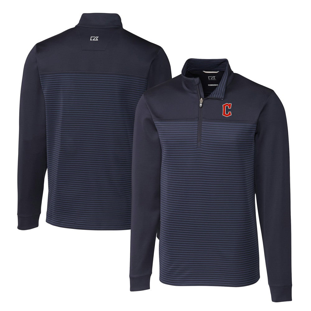 Cleveland Guardians Cutter & Buck Big & Tall Traverse Stripe Stretch DryTec Quarter-Zip Top - Navy Tops
