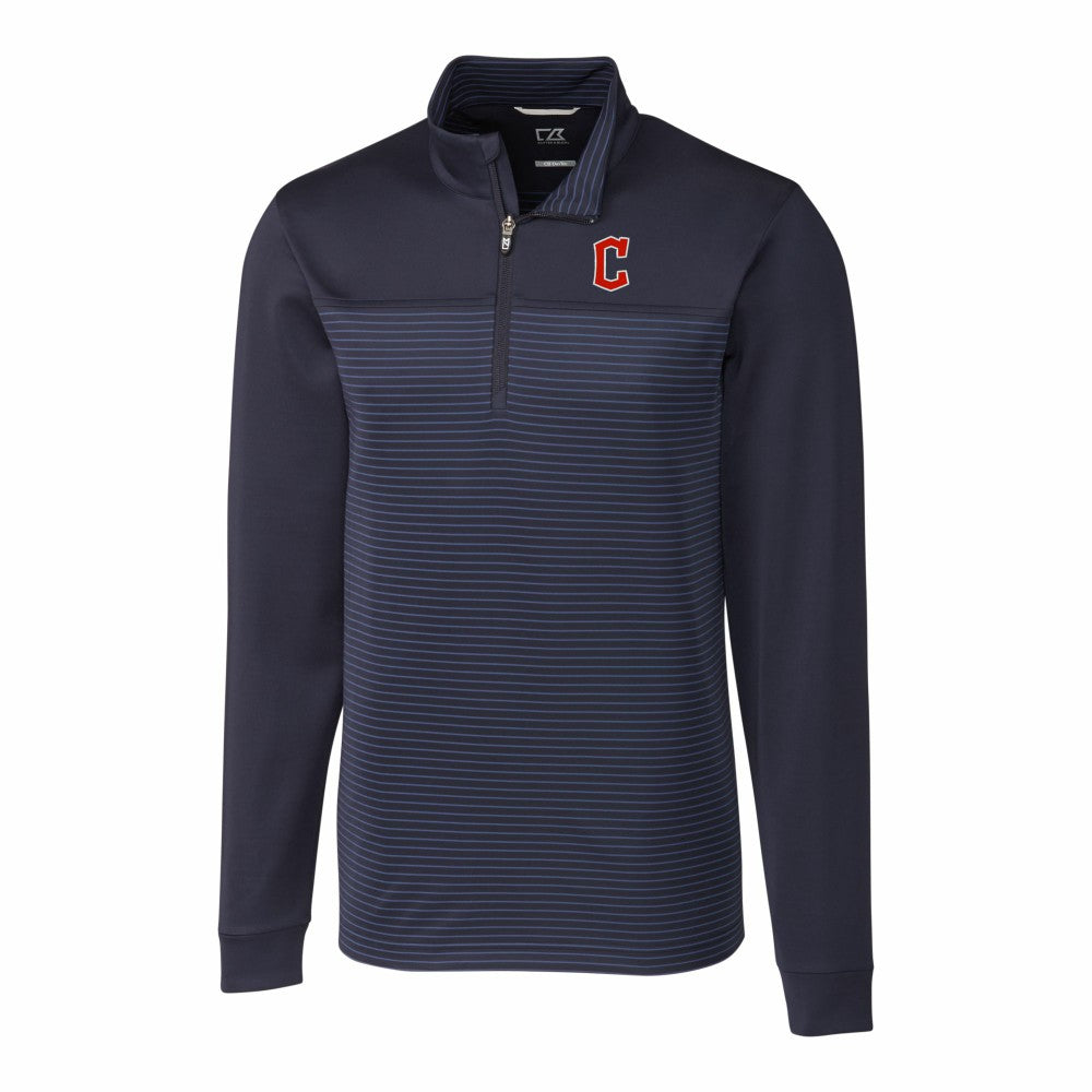 Cleveland Guardians Cutter & Buck Big & Tall Traverse Stripe Stretch DryTec Quarter-Zip Top - Navy Tops