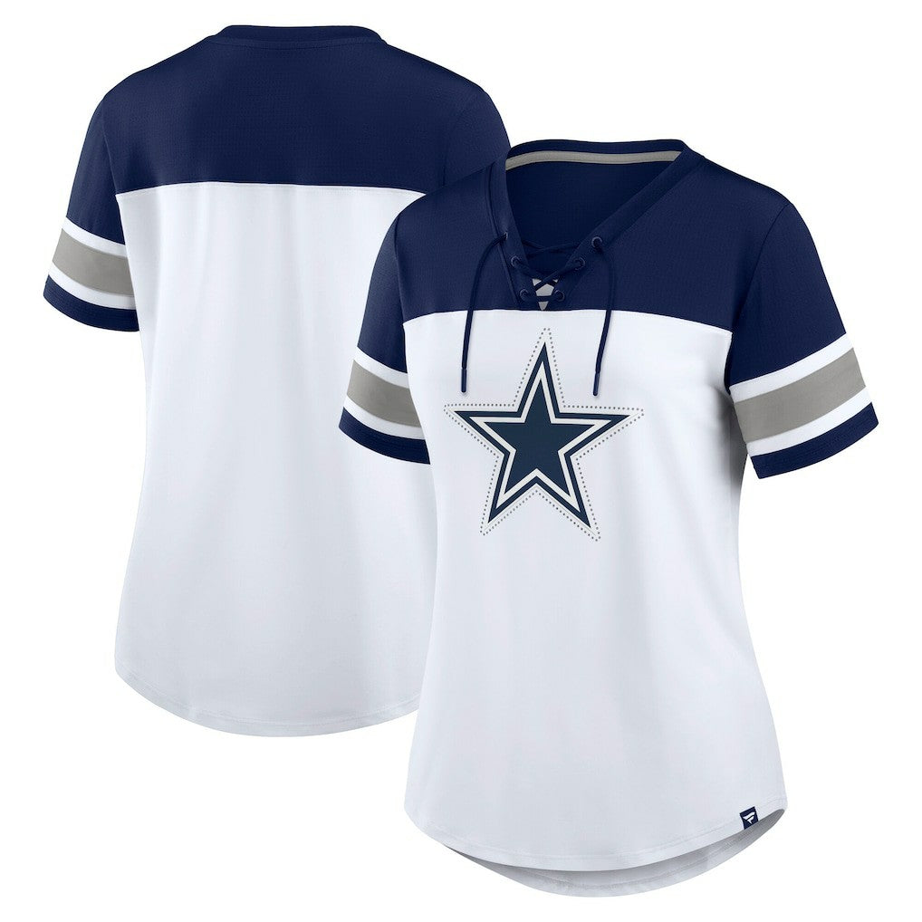 Dallas Cowboys Women's Athena Rhinestone Lace-Up V-Neck T-Shirt - White/Navy T-shirts