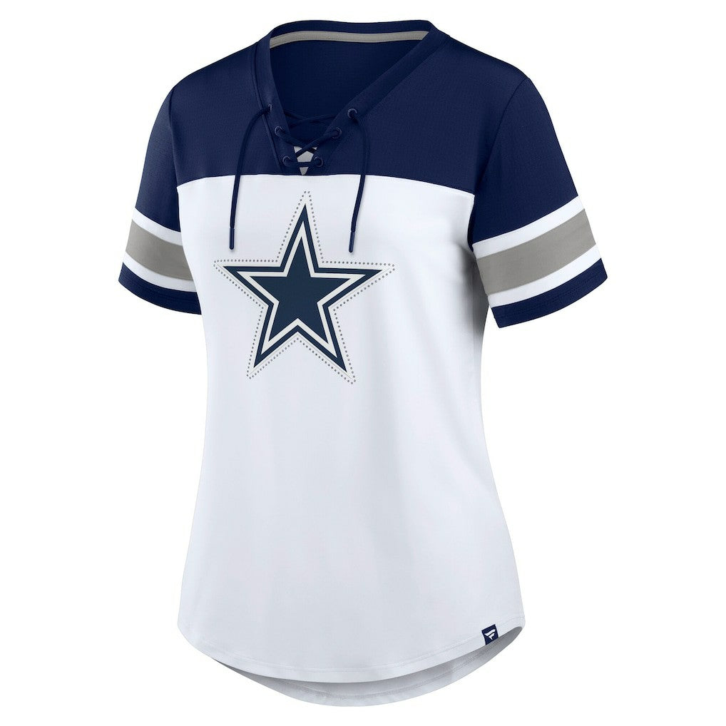 Dallas Cowboys Women's Athena Rhinestone Lace-Up V-Neck T-Shirt - White/Navy T-shirts