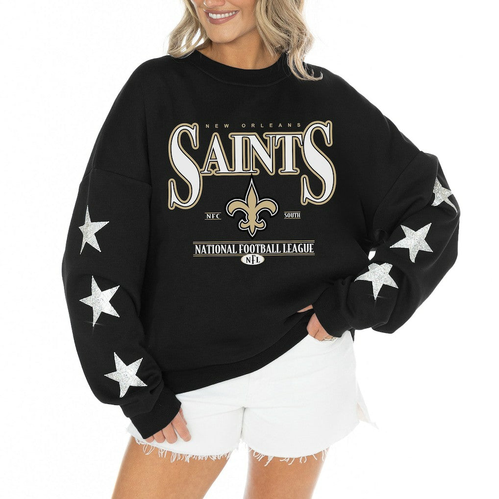 New Orleans Saints Gameday Couture Women's Rhinestone Star Sleeve Settle the Score Oversized Tri-Blend Pullover - Black Pullover