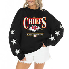 Kansas City Chiefs Gameday Couture Women's Rhinestone Star Sleeve Settle the Score Oversized Tri-Blend Pullover - Black Pullover