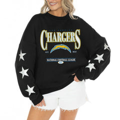 Los Angeles Chargers Gameday Couture Women's Rhinestone Star Sleeve Settle the Score Oversized Tri-Blend Pullover - Black Pullover