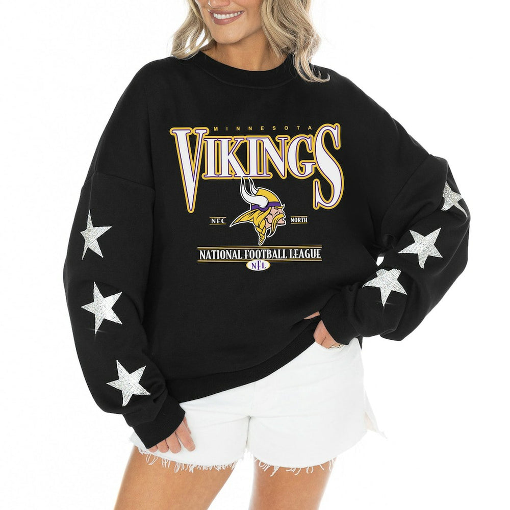Minnesota Vikings Gameday Couture Women's Rhinestone Star Sleeve Settle the Score Oversized Tri-Blend Pullover - Black Pullover