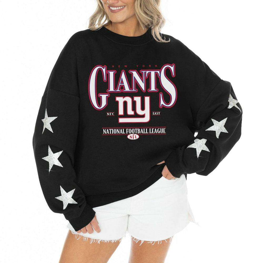 New York Giants Gameday Couture Women's Rhinestone Star Sleeve Settle the Score Oversized Tri-Blend Pullover - Black Pullover