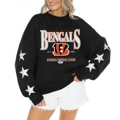 Cincinnati Bengals Gameday Couture Women's Rhinestone Star Sleeve Settle the Score Oversized Tri-Blend Pullover - Black Pullover