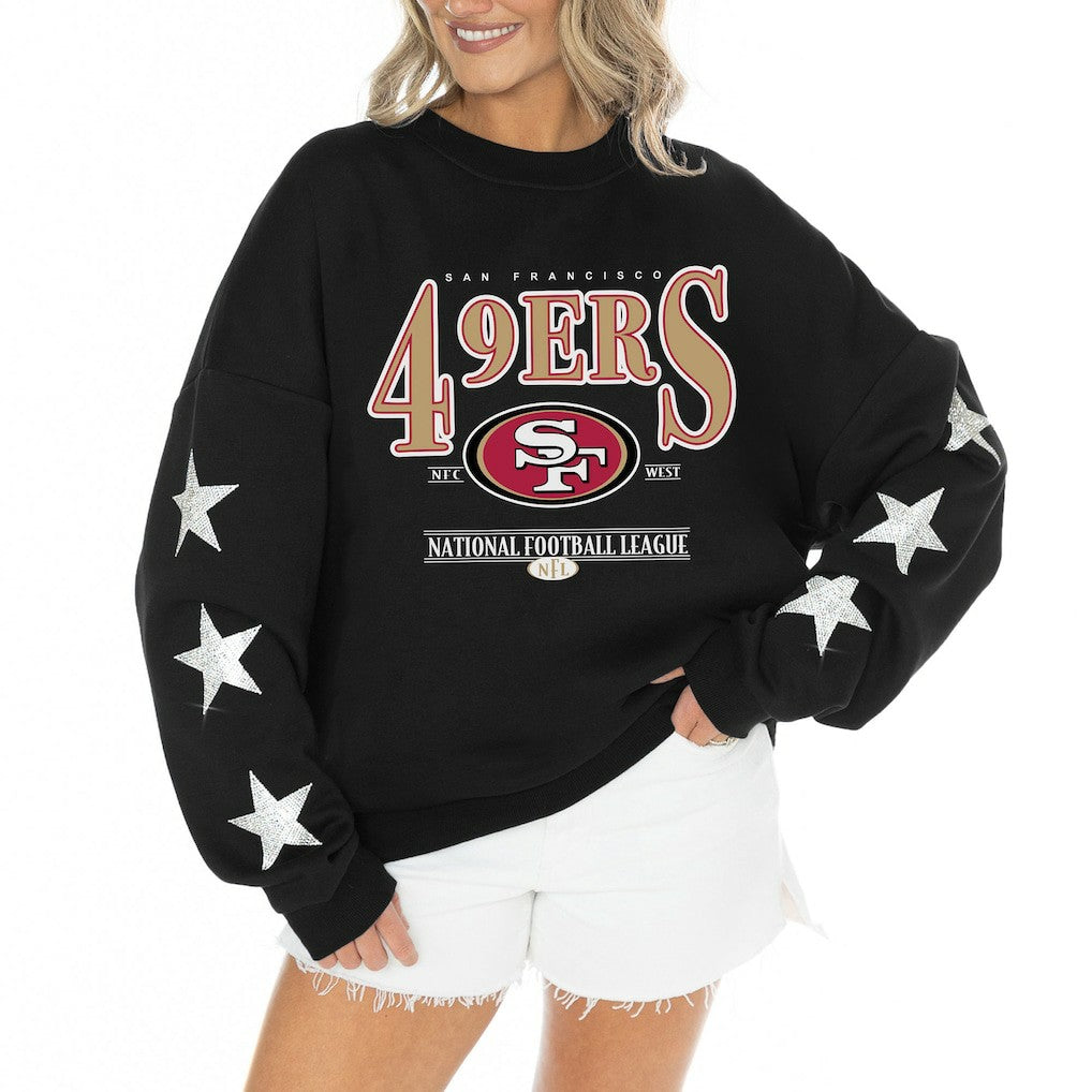 San Francisco 49ers Gameday Couture Women's Rhinestone Star Sleeve Settle the Score Oversized Tri-Blend Pullover - Black Pullover