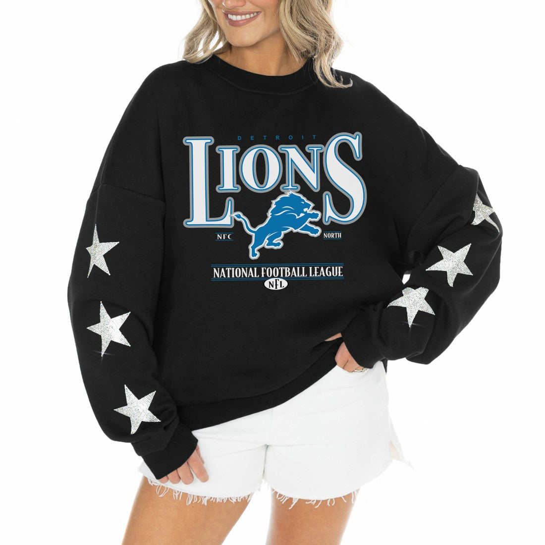 Detroit Lions Gameday Couture Women's Rhinestone Star Sleeve Settle the Score Oversized Tri-Blend Pullover - Black Pullover