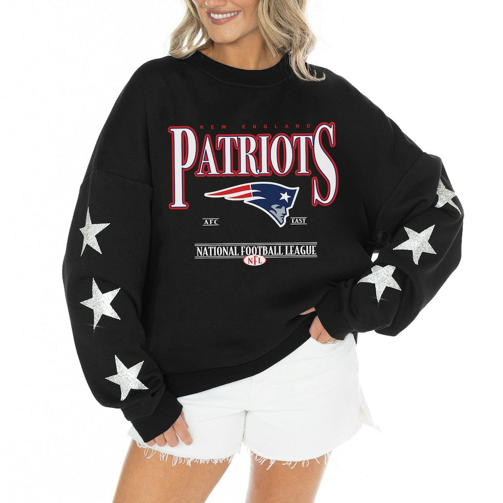 New England Patriots Gameday Couture Women's Rhinestone Star Sleeve Settle the Score Oversized Tri-Blend Pullover - Black Pullover
