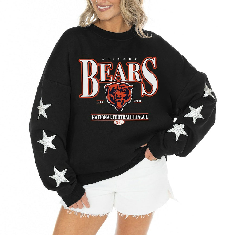 Chicago Bears Gameday Couture Women's Rhinestone Star Sleeve Settle the Score Oversized Tri-Blend Pullover - Black Pullover