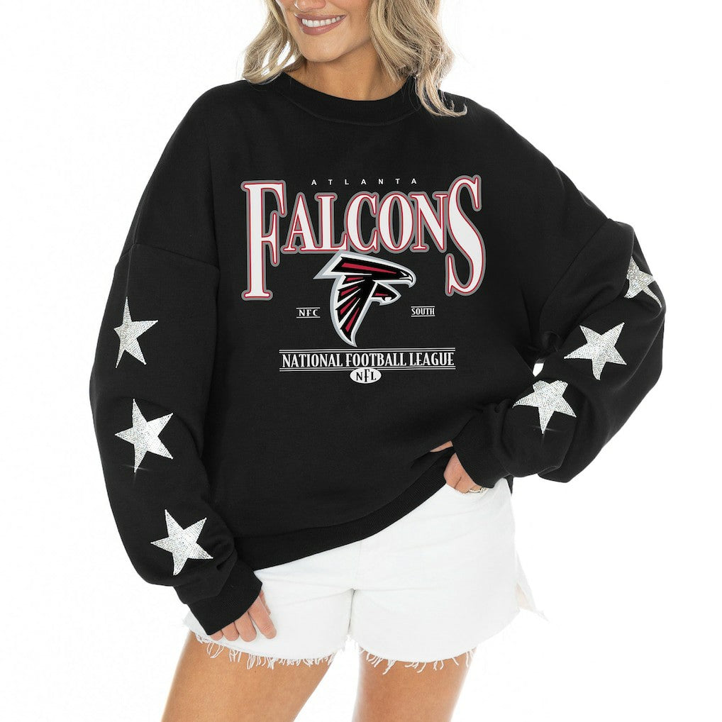 Atlanta Falcons Gameday Couture Women's Rhinestone Star Sleeve Settle the Score Oversized Tri-Blend Pullover - Black Pullover