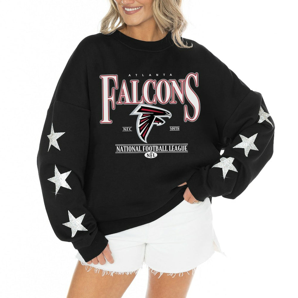 Atlanta Falcons Gameday Couture Women's Rhinestone Star Sleeve Settle the Score Oversized Tri-Blend Pullover - Black Pullover