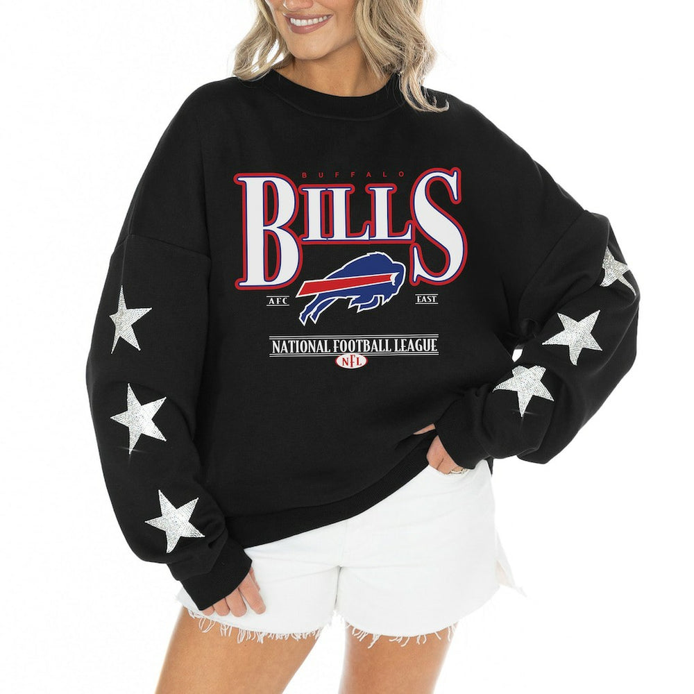 Buffalo Bills Gameday Couture Women's Rhinestone Star Sleeve Settle the Score Oversized Tri-Blend Pullover - Black Pullover