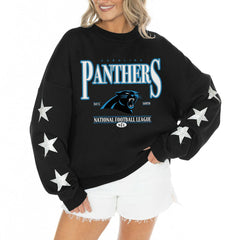 Carolina Panthers Gameday Couture Women's Rhinestone Star Sleeve Settle the Score Oversized Tri-Blend Pullover - Black Pullover