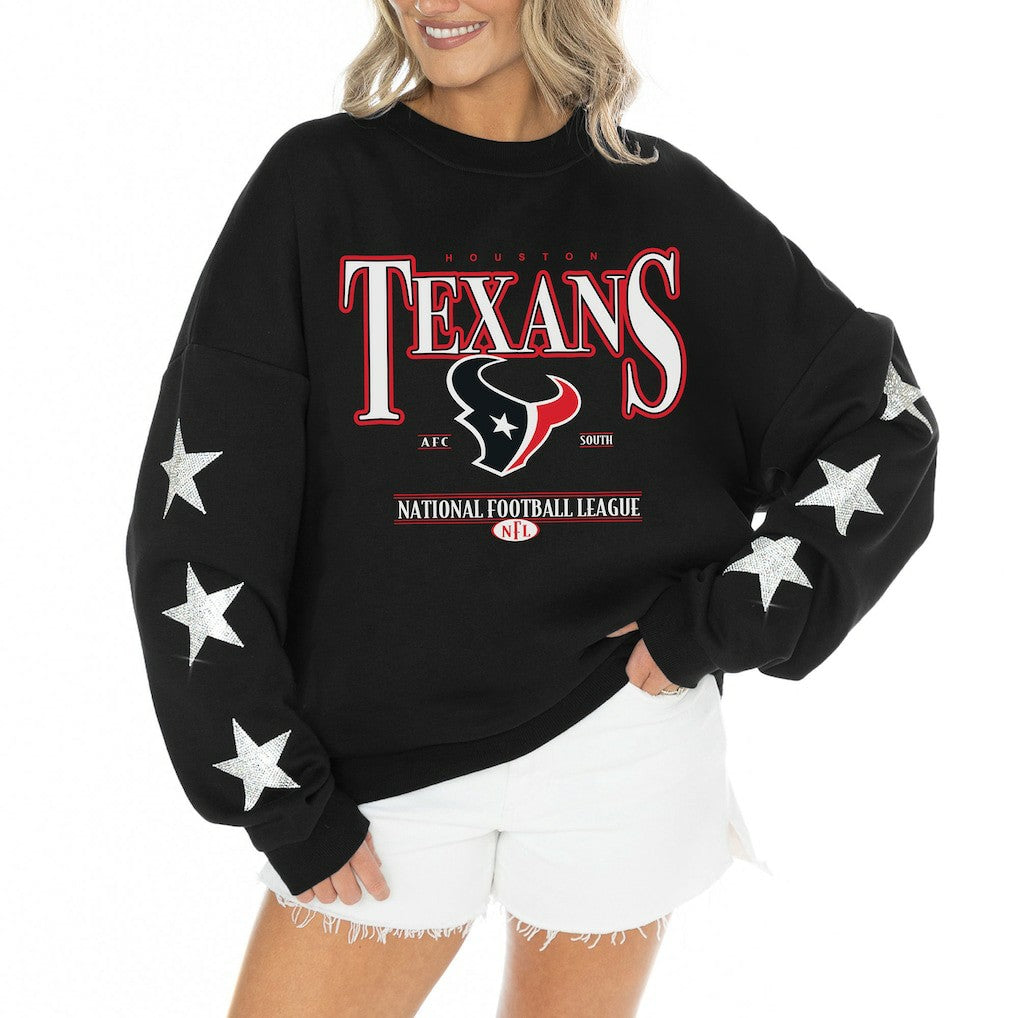 Houston Texans Gameday Couture Women's Rhinestone Star Sleeve Settle the Score Oversized Tri-Blend Pullover - Black Pullover