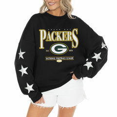 Green Bay Packers Gameday Couture Women's Rhinestone Star Sleeve Settle the Score Oversized Tri-Blend Pullover - Black Pullover