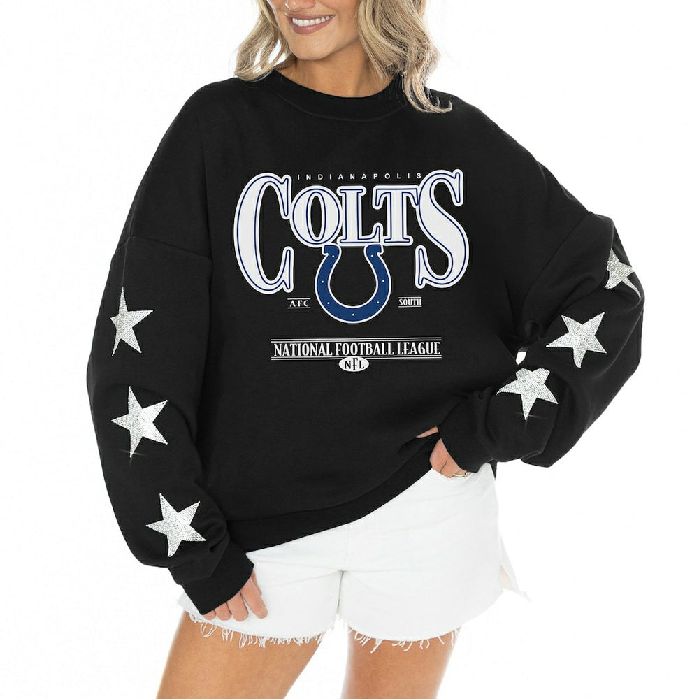 Indianapolis Colts Gameday Couture Women's Rhinestone Star Sleeve Settle the Score Oversized Tri-Blend Pullover - Black Pullover