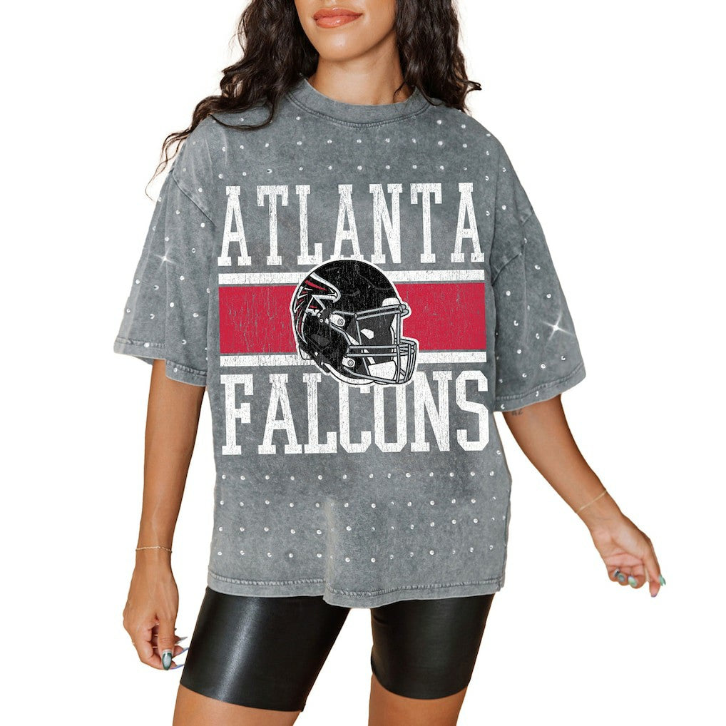 Atlanta Falcons Gameday Couture Women's Oversized Mini Rhinestone Classic T-Shirt - Gray T-shirts