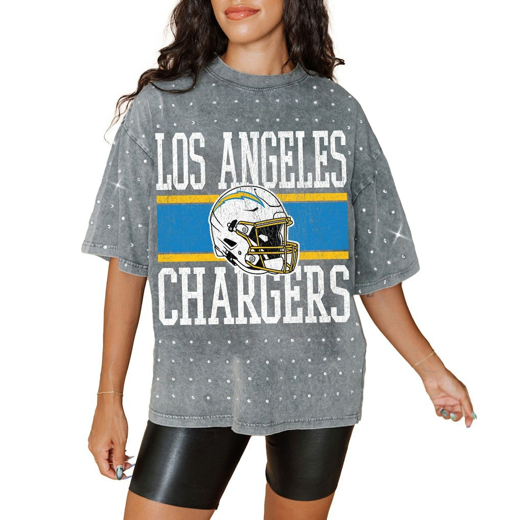 Los Angeles Chargers Gameday Couture Women's Oversized Mini Rhinestone Classic T-Shirt - Gray T-shirts
