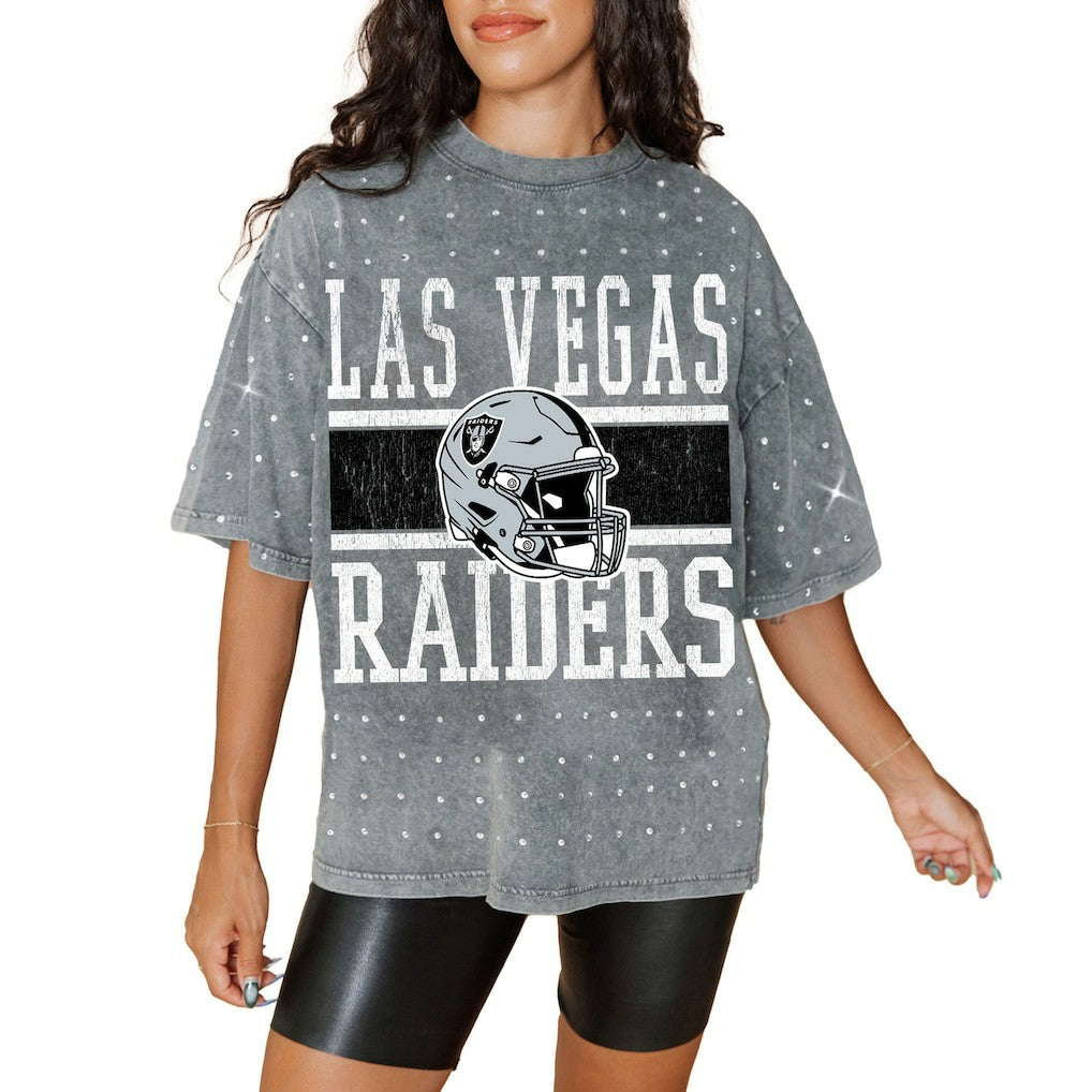 Las Vegas Raiders Gameday Couture Women's Oversized Mini Rhinestone Classic T-Shirt - Gray T-shirts