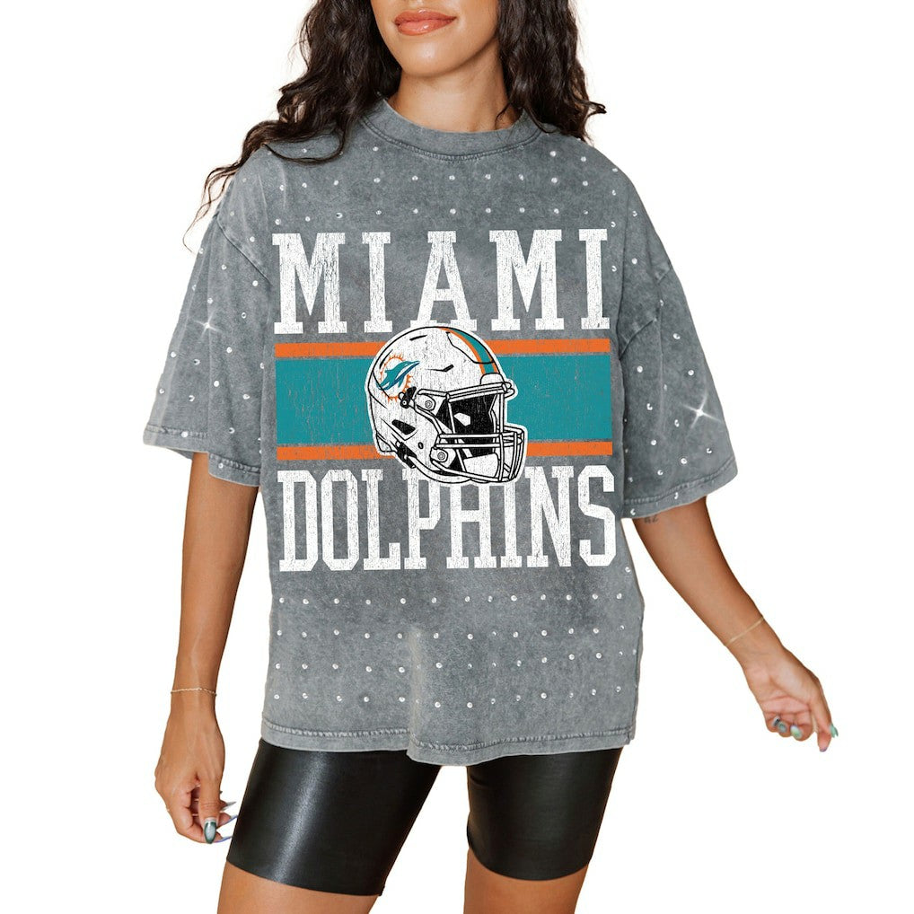 Miami Dolphins Gameday Couture Women's Oversized Mini Rhinestone Classic T-Shirt - Gray T-shirts