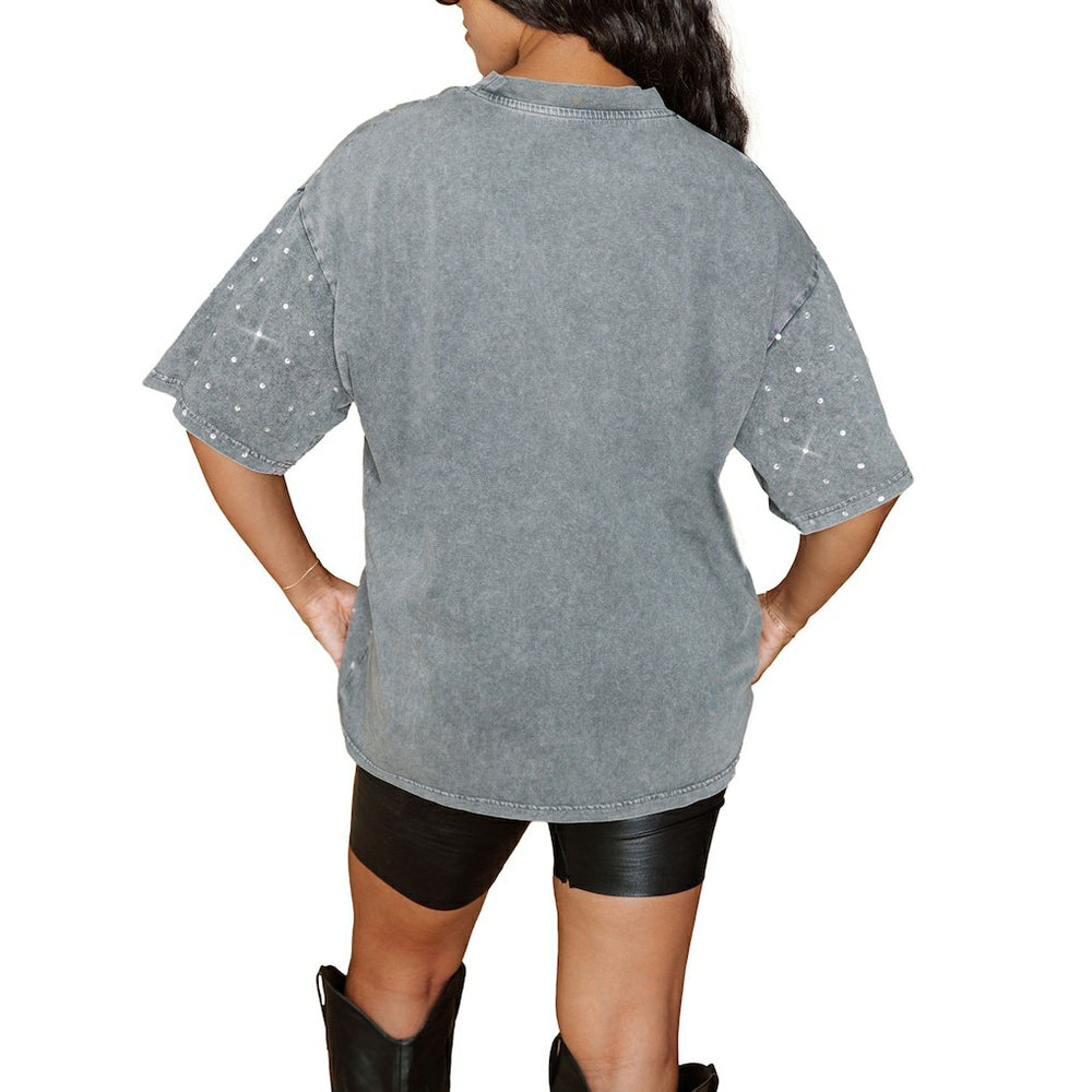 Miami Dolphins Gameday Couture Women's Oversized Mini Rhinestone Classic T-Shirt - Gray T-shirts