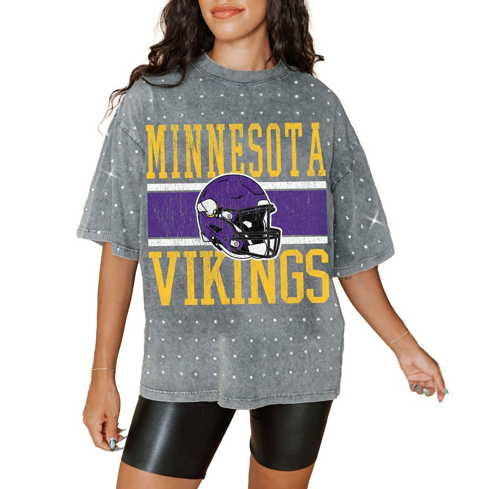 Minnesota Vikings Gameday Couture Women's Oversized Mini Rhinestone Classic T-Shirt - Gray T-shirts