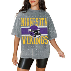 Minnesota Vikings Gameday Couture Women's Oversized Mini Rhinestone Classic T-Shirt - Gray T-shirts