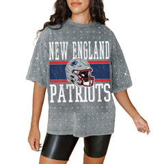 New England Patriots Gameday Couture Women's Oversized Mini Rhinestone Classic T-Shirt - Gray T-shirts