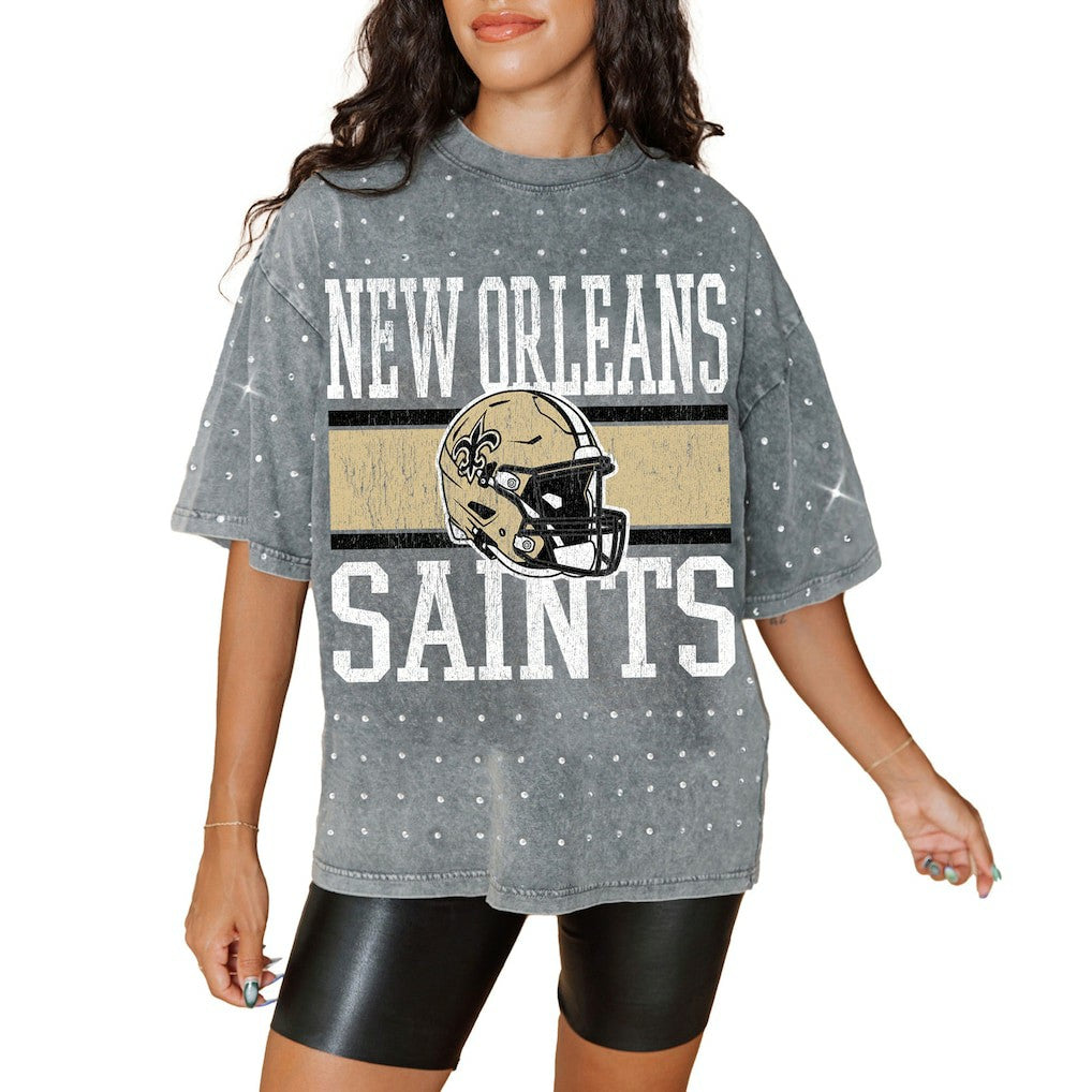 New Orleans Saints Gameday Couture Women's Oversized Mini Rhinestone Classic T-Shirt - Gray T-shirts