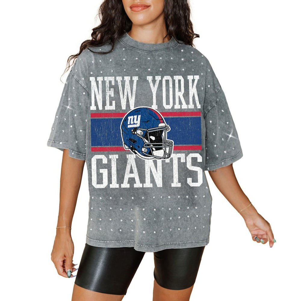 New York Giants Gameday Couture Women's Oversized Mini Rhinestone Classic T-Shirt - Gray T-shirts