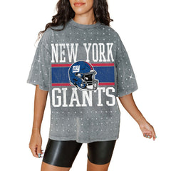 New York Giants Gameday Couture Women's Oversized Mini Rhinestone Classic T-Shirt - Gray T-shirts