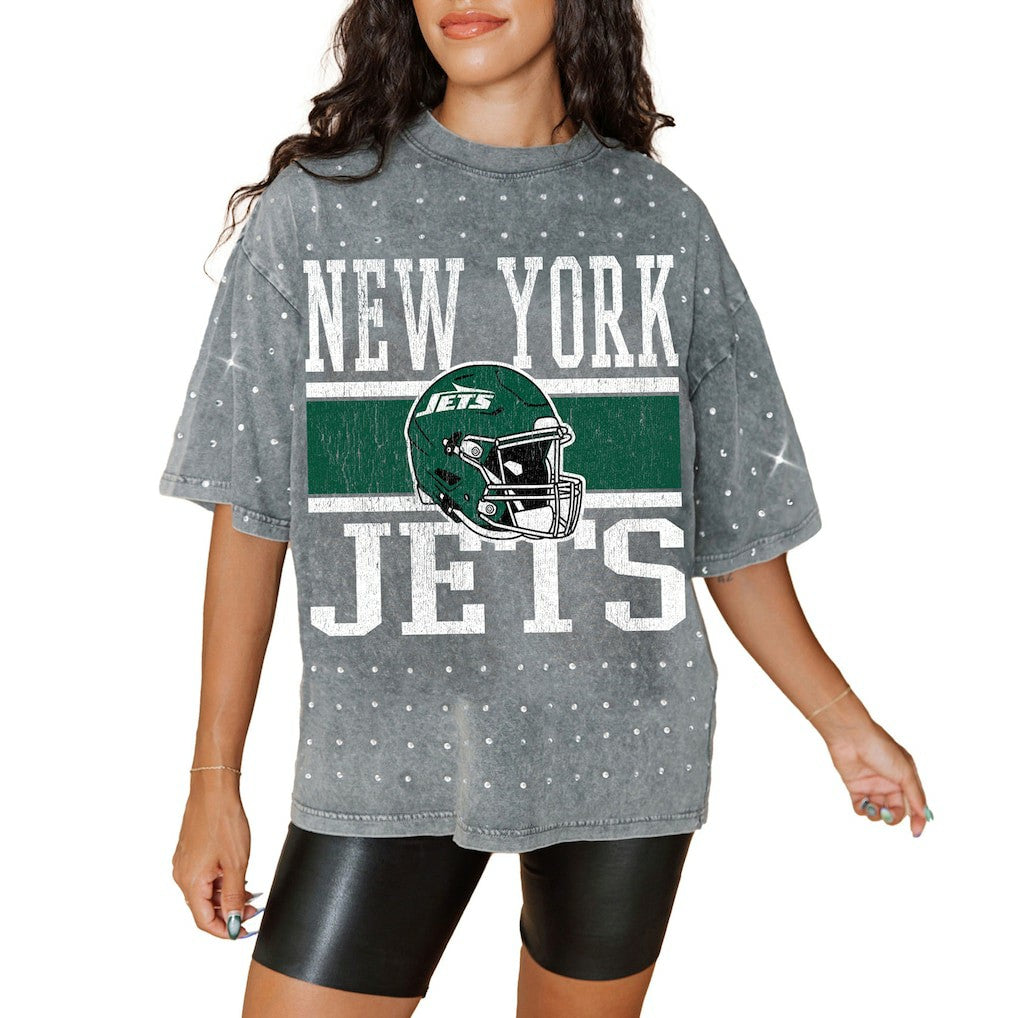 New York Jets Gameday Couture Women's Oversized Mini Rhinestone Classic T-Shirt - Gray T-shirts