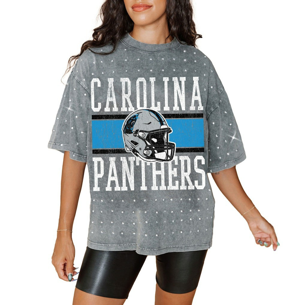 Carolina Panthers Gameday Couture Women's Oversized Mini Rhinestone Classic T-Shirt - Gray T-shirts
