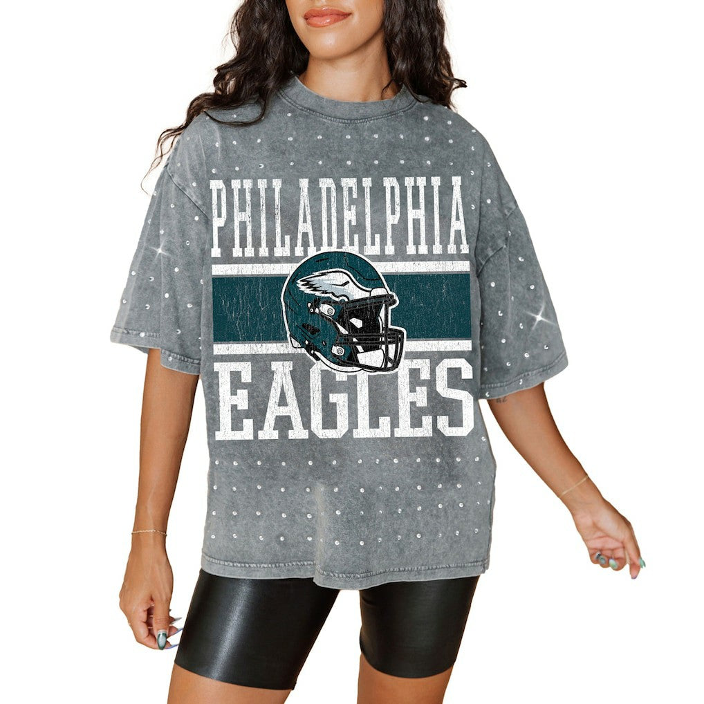 Philadelphia Eagles Gameday Couture Women's Oversized Mini Rhinestone Classic T-Shirt - Gray T-shirts