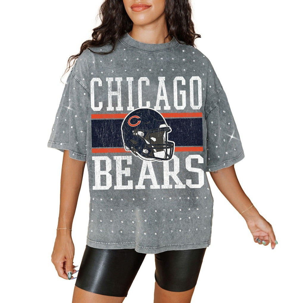 Chicago Bears Gameday Couture Women's Oversized Mini Rhinestone Classic T-Shirt - Gray T-shirts