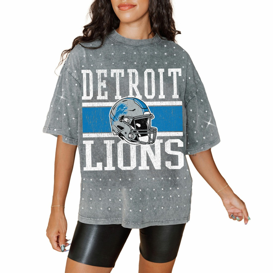 Detroit Lions Gameday Couture Women's Oversized Mini Rhinestone Classic T-Shirt - Gray T-shirts