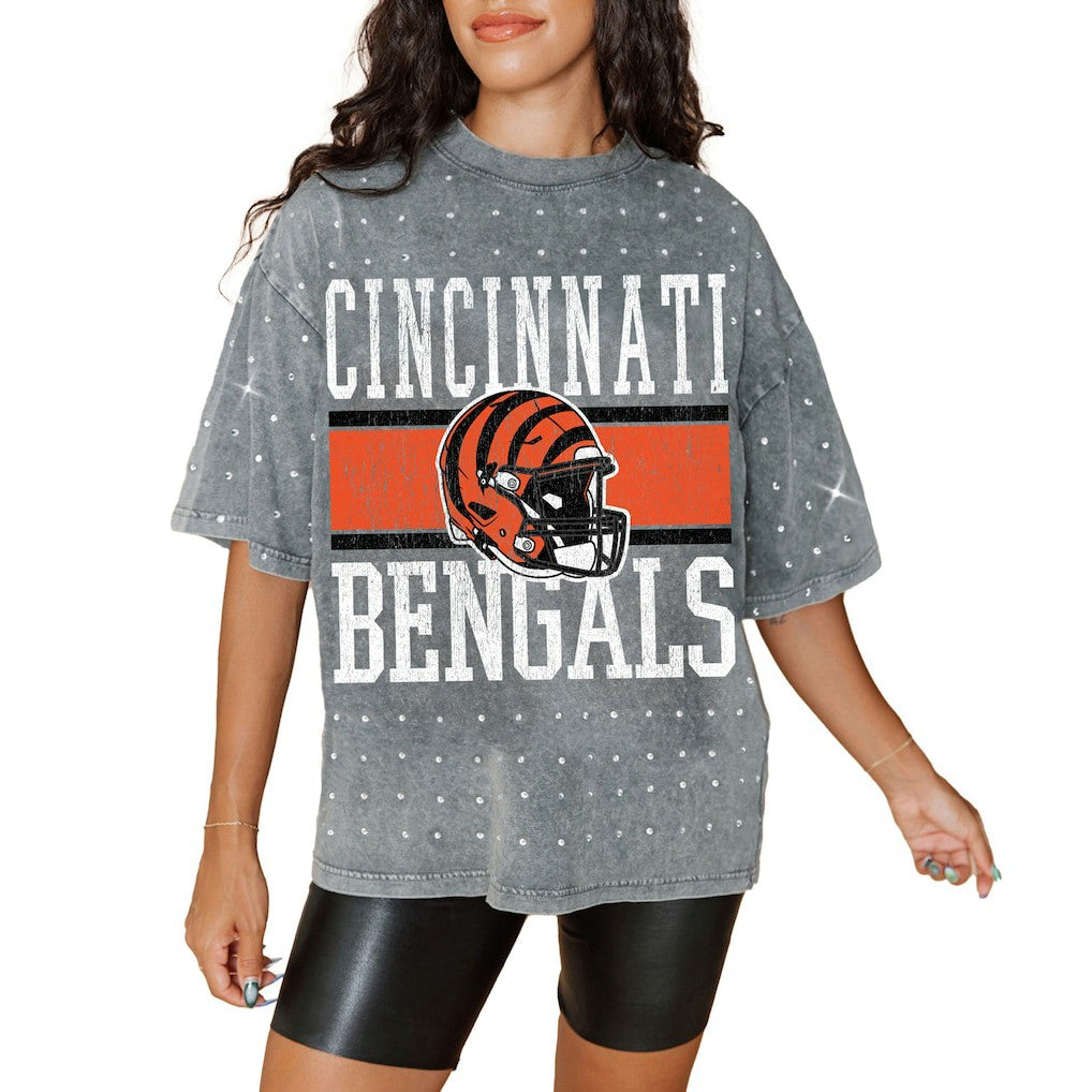 Cincinnati Bengals Gameday Couture Women's Oversized Mini Rhinestone Classic T-Shirt - Gray T-shirts