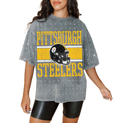 Pittsburgh Steelers Gameday Couture Women's Oversized Mini Rhinestone Classic T-Shirt - Gray T-shirts